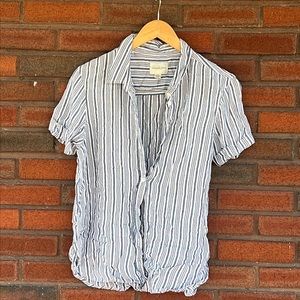 American Eagle blue and white striped, linen, short sleeve, button-down